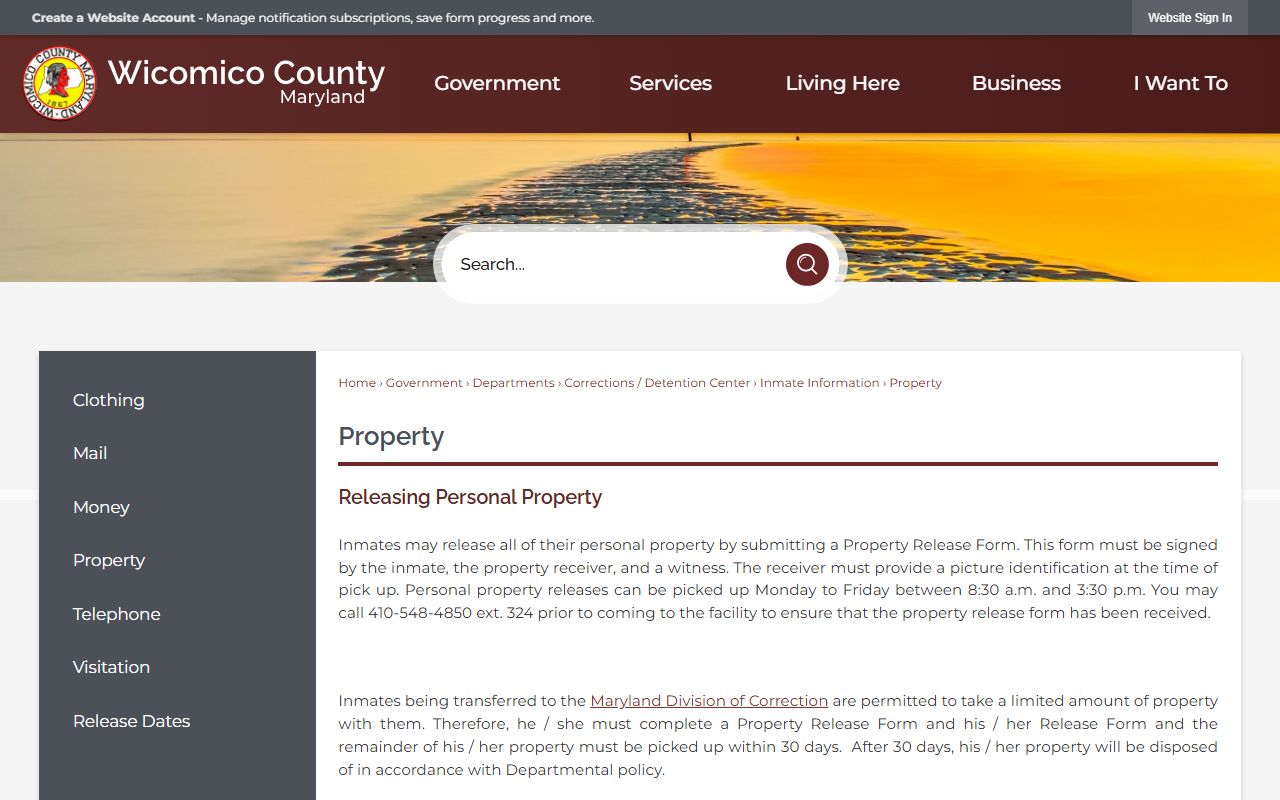Wicomico County Detention Center inmate property release rules