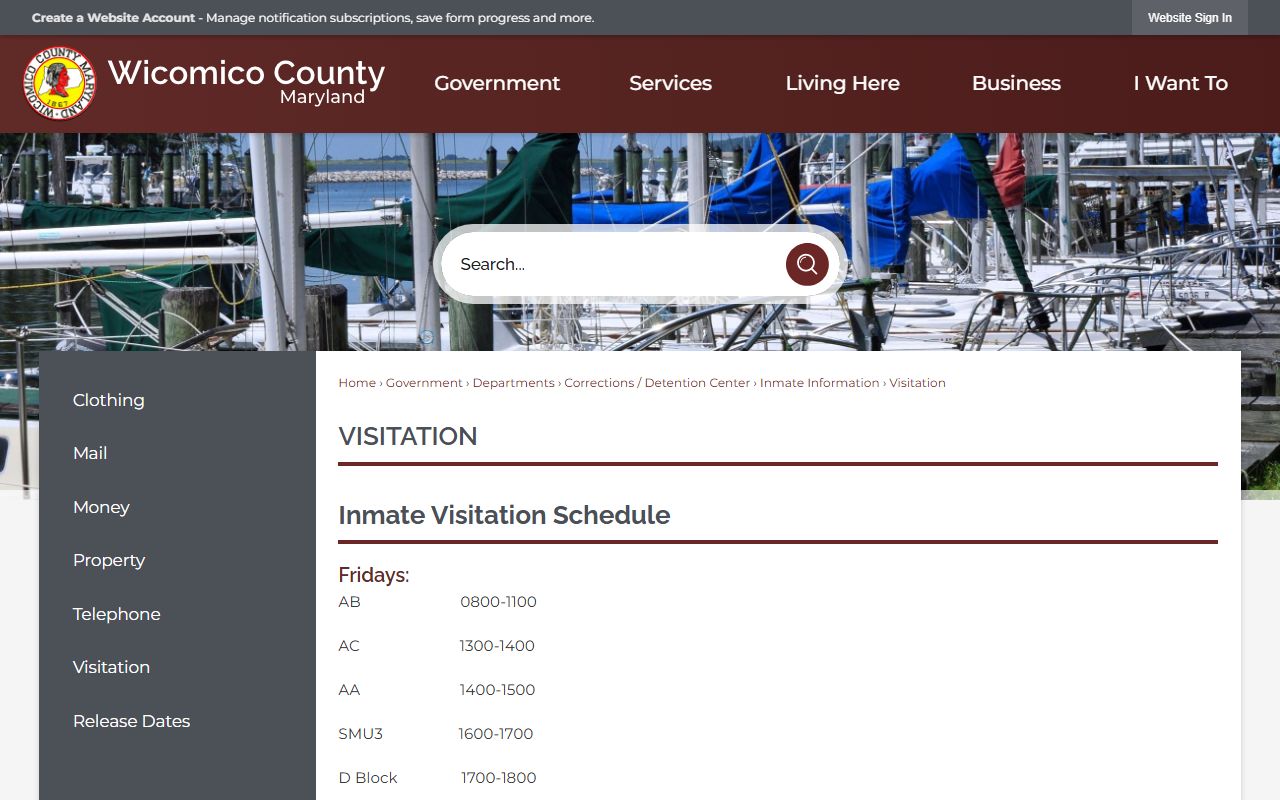 Wicomico County Detention Center inmate visitation schedule