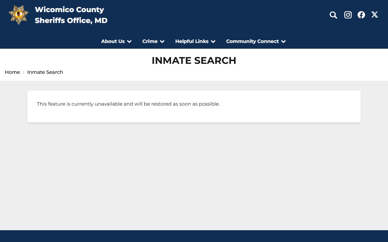Wicomico County inmate search page showing unavailable roster notice