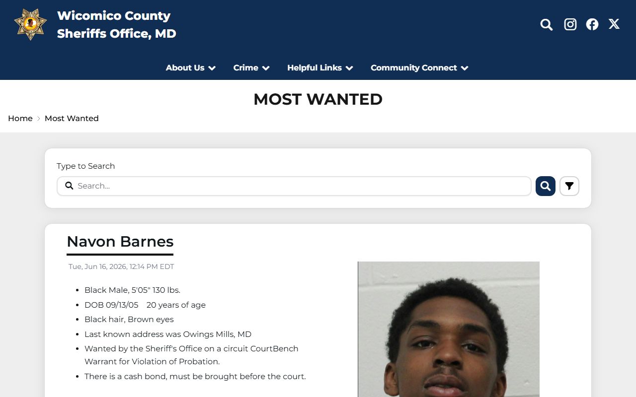 Wicomico Sheriff Most Wanted page with photo cards and search controls